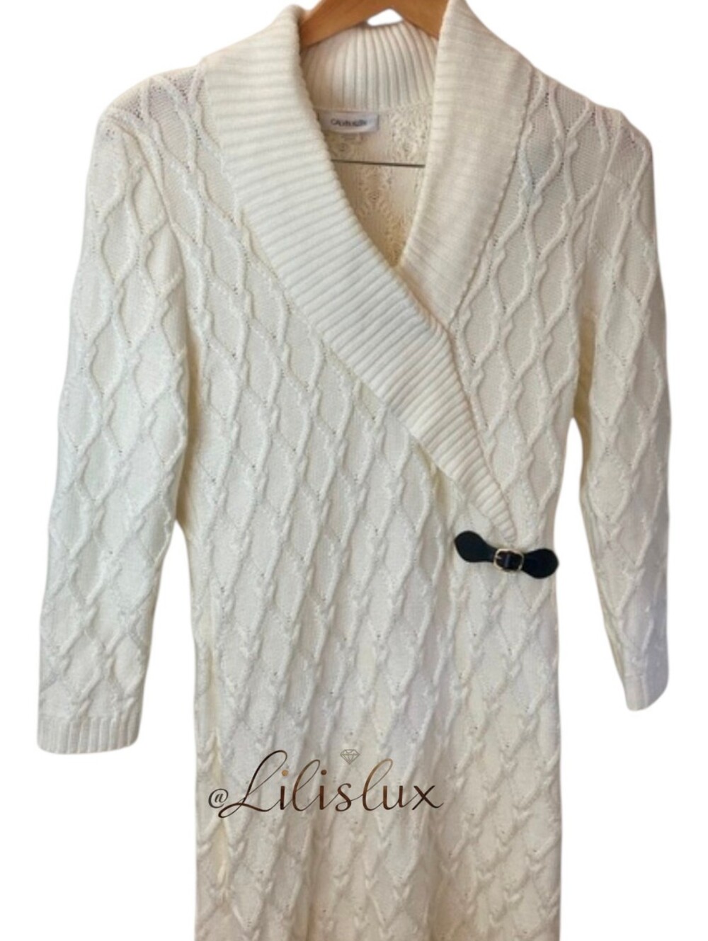 Calvin Klein Size M Ivory Cable Knit Faux Wrap Leather Buckle Sweater Dress EUC - Picture 7 of 16